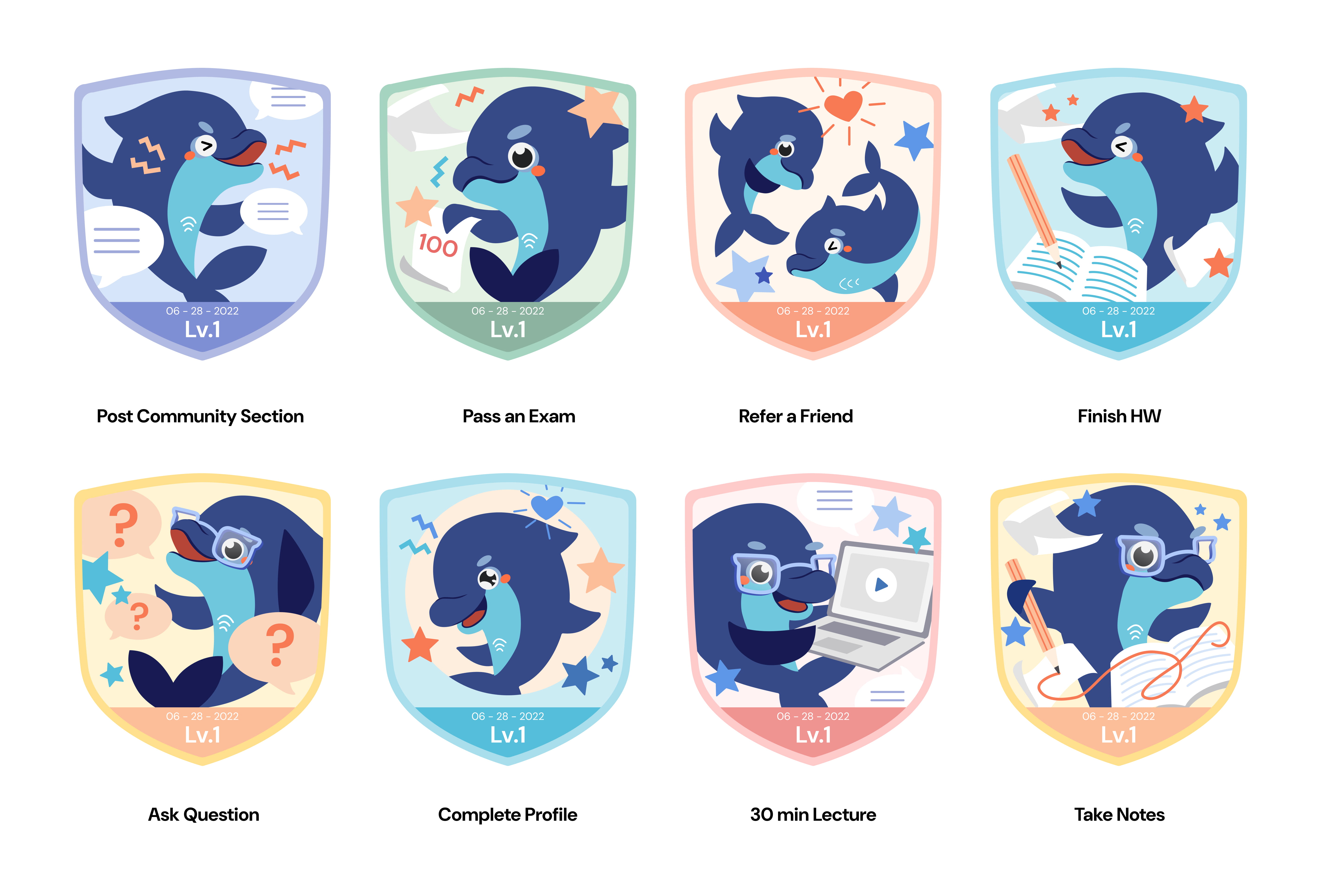 Dolphi achievement badges, sketches