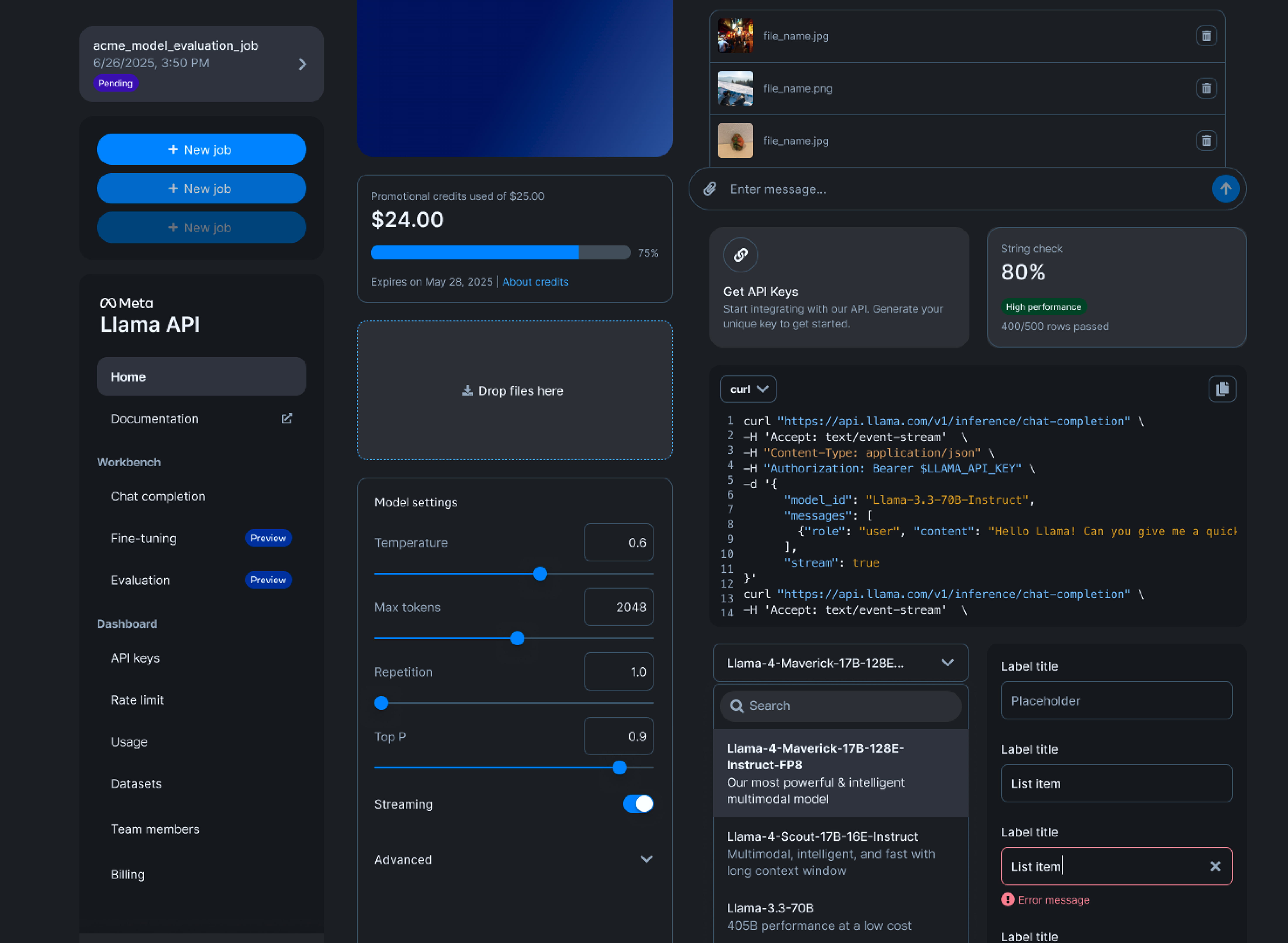 Llama API workflow screens